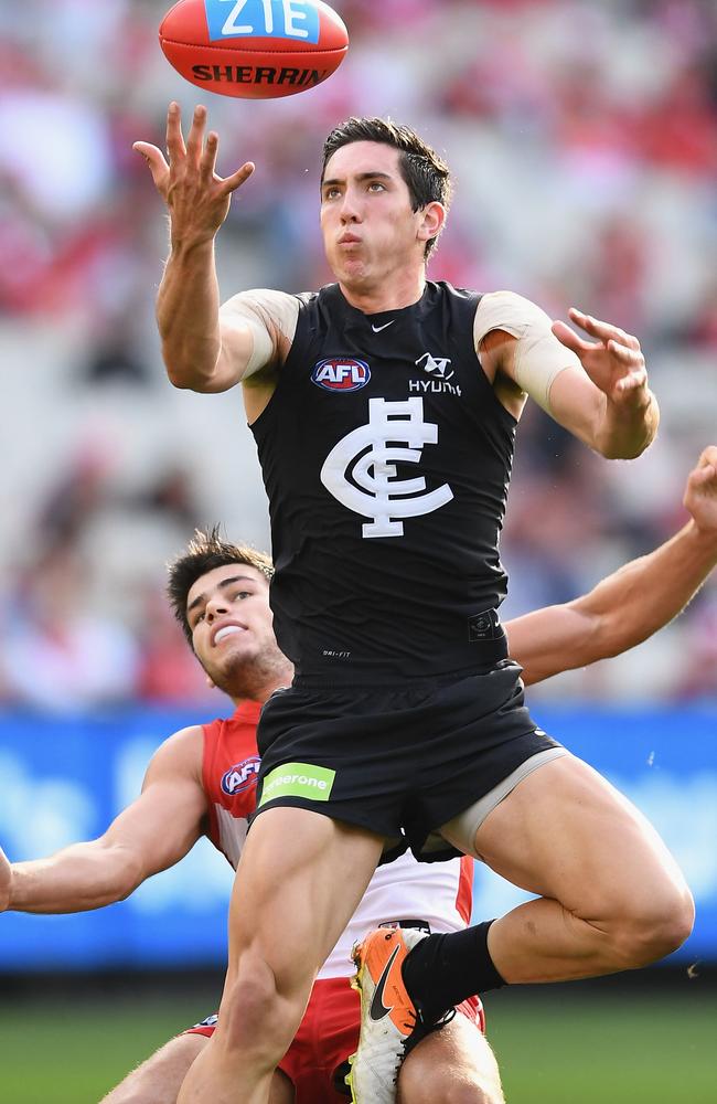 Jacob Weitering marks against the Swans last weekend. Picture: Getty Images