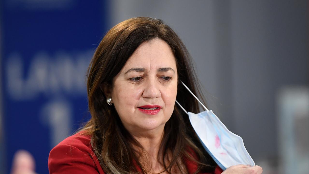 Ms Palaszczuk’s spray came after the state reported one new locally acquired cases of Covid-19 on Wednesday, with the person in home quarantine and linked to the Sunnybank cluster. Picture: NCA NewsWire / Dan Peled