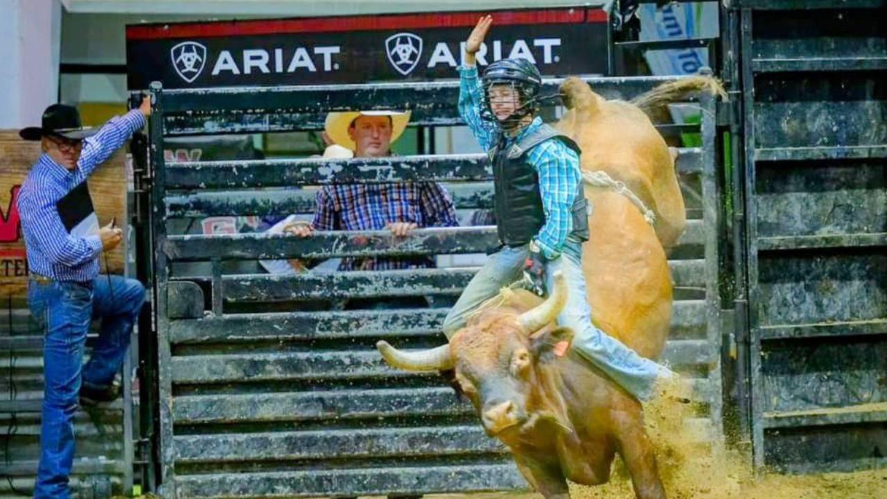 Cooper McConnell bull riding at the Great Western Hotel. Picture: ASHJO Photography