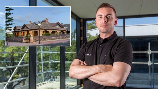 Vailo founder Aaron Hickmann and, inset, the Glenelg South mansion on which a legal caveat has been placed over unpaid land tax.