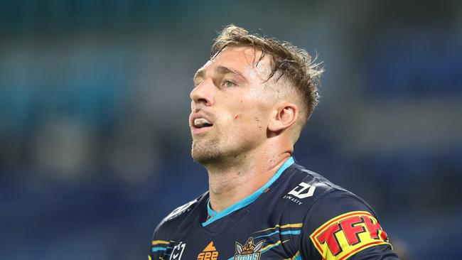 Bryce Cartwright of the Titans looks on during the round 2 NRL match between the Gold Coast Titans and the Parramatta Eels at Cbus Super Stadium on March 22, 2020 in Gold Coast, Australia. (Photo by Chris Hyde/Getty Images)