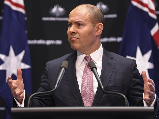 Australian Federal Treasurer Josh Frydenberg speaks to the media during a press conference at Parliament House in Canberra, Wednesday, June 3, 2020. The Australian Gross Domestic Product (GDP) fell 0.3% in the March 2020 quarter. (AAP Image/Lukas Coch) NO ARCHIVING