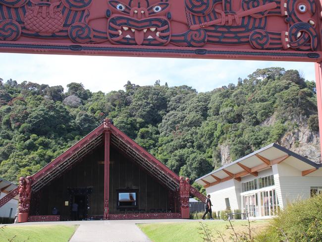 A gathering at the sacred marae meeting house in Whakatane where local tribes people are praying for a safe retrieval of eight bodies including that of two local tour operators lost on the smouldering volcanic White Island. Picture: Charles Miranda