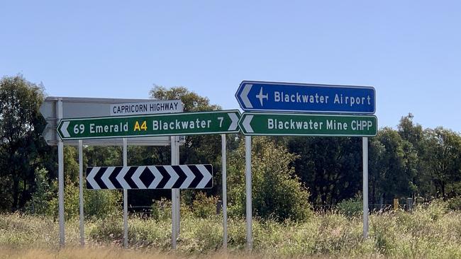 Capricorn Highway: Road signs to the Blackwater Mine CHPP area. Picture: Rae Wilson