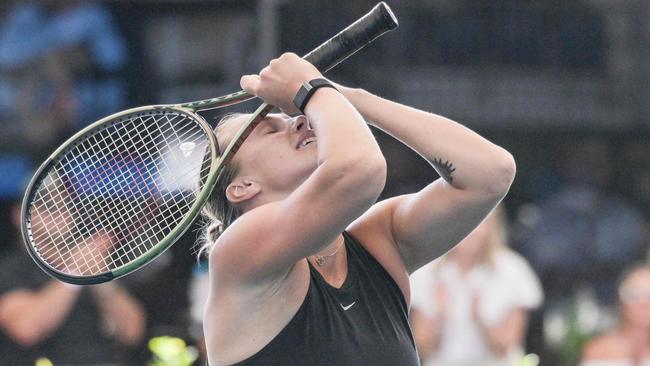 Aryna Sabalenka celebrates after winning the Adelaide International. Picture: AFP