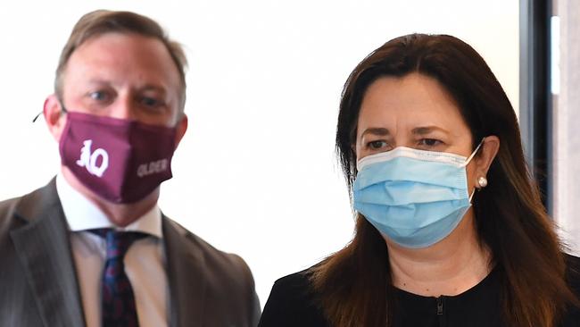 BRISBANE, AUSTRALIA - NewsWire Photos - JUNE 30, 2021.Queensland Premier Annastacia Palaszczuk and her deputy Steven Miles arrive for a Covid update press conference. Queensland has gone into a 3-day lockdown due to a Covid outbreak.Picture: NCA NewsWire / Dan Peled