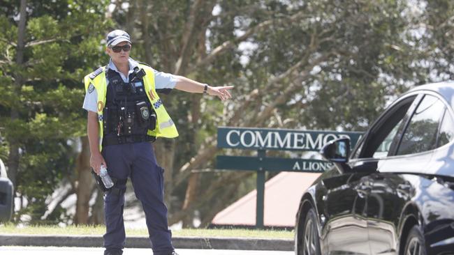 Police were turning away motorists on the roundabout into Ballina Island from East Ballina, at Bentinck Street, due to extensive flooding in the CBD on Wednesday. Picture: Liana Boss