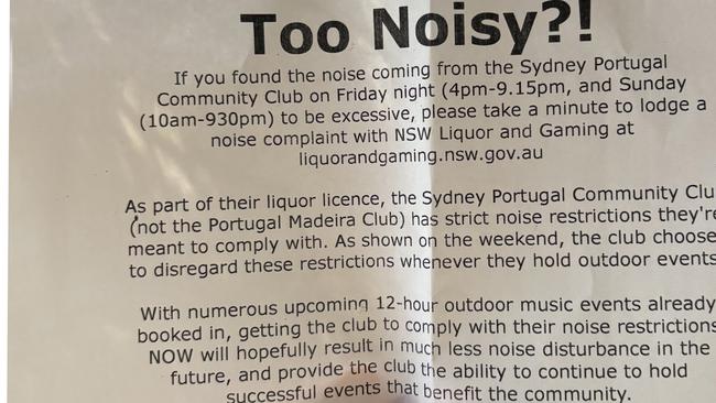 A flyer urging people to lodge a noise complaint about Sydney Portugal Community Club. Picture: Supplied