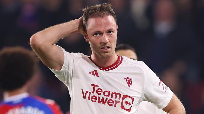 LONDON, ENGLAND - MAY 06: Jonny Evans of Manchester United looks dejected after the team's defeat in the Premier League match between Crystal Palace and Manchester United at Selhurst Park on May 06, 2024 in London, England. (Photo by Alex Pantling/Getty Images)