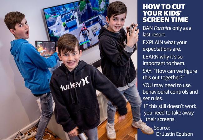 Sam, 11, and Jack, 10, and Max, 8, love playing Fortnight. Picture: Jake Nowakowski