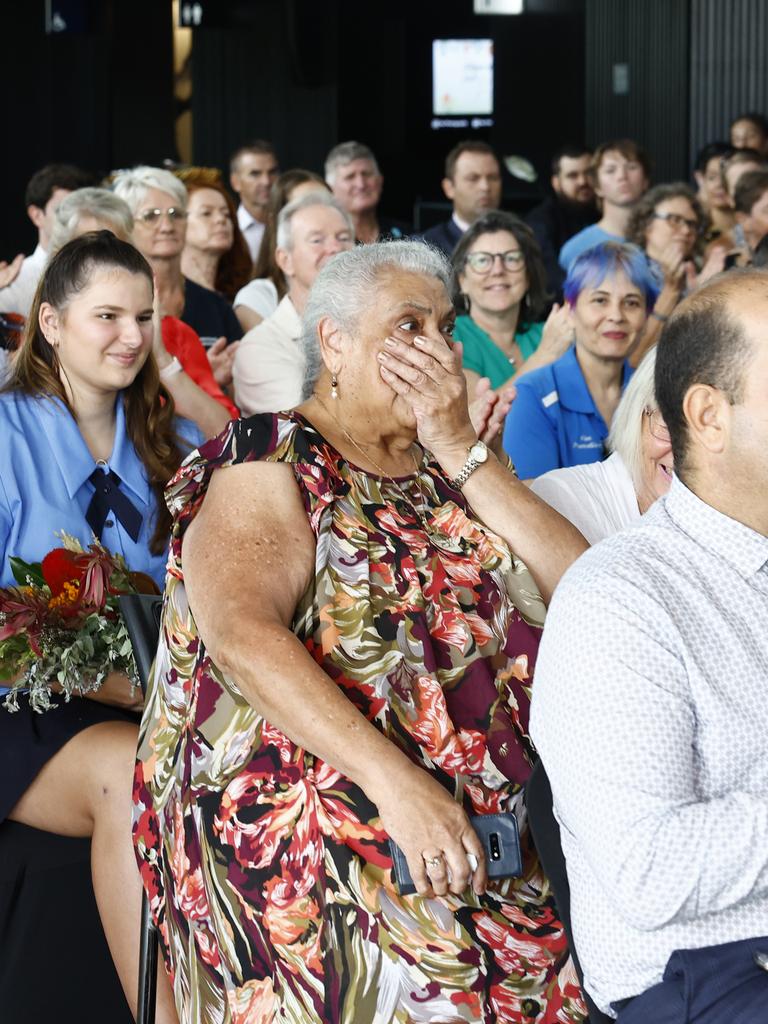 Torres Strait Island educator Jacqui Backhouse is shocked as she is announced the 2024 Cairns Citizen of the Year by Cairns Regional Council, at a formal ceremony at the Cairns Performing Arts Centrre. Picture: Brendan Radke