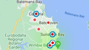 Some of the areas in the Eurobodalla Shire where European wasps have been sighted. Picture: Supplied.