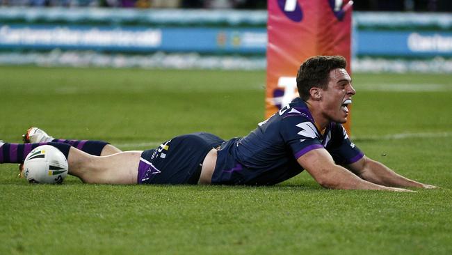 Brodie Croft is all smiles after scoring a try for the Storm. Picture: AAP