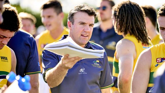 Eagles premiership coach Jade Sheedy lays down the law to his charges during the 10-goal defeat to Port Adelaide. Picture: Matt Loxton