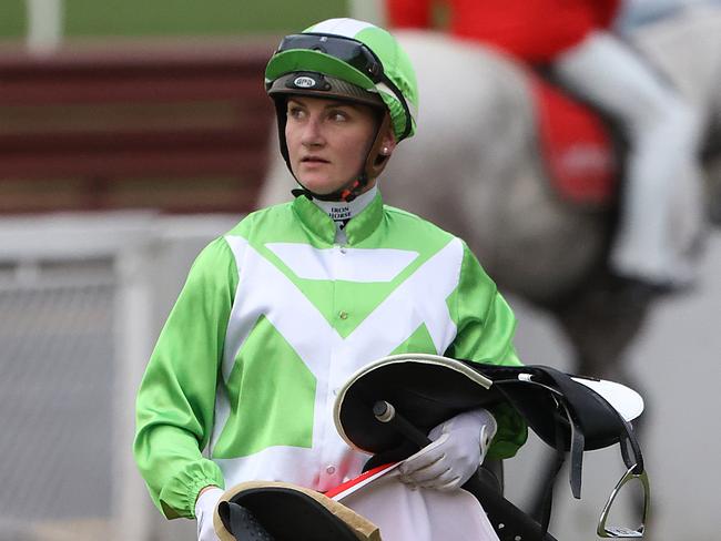 Jockey Jamie Kah is attempting her record-breaking 100th win at Sandown Racecourse in Melbourne. Jamie Kah after riding 'Part Time Lover'  in race 7. Picture: Alex Coppel.