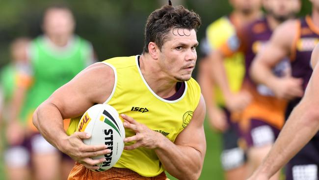 James Roberts in action during Brisbane Broncos training at Clive Berghofer Field in Brisbane, Wednesday, April 17, 2019. The Broncos are playing the Canberra Raiders in their round 6 NRL clash in Canberra on Sunday. (AAP Image/Darren England) NO ARCHIVING