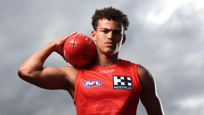 GOLD COAST, AUSTRALIA - OCTOBER 30: Gold Coast Suns AFL draft prospect Leo Lombard poses during a portrait session at  Burleigh Bombers AFC on October 30, 2024 in Gold Coast, Australia. (Photo by Chris Hyde/Getty Images)