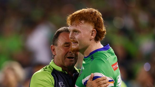 Royce Hunt has labelled Raiders star Corey Horsburgh a ‘weak gutted dog’ after their fiery Round 3 clash. Picture: Getty Images.