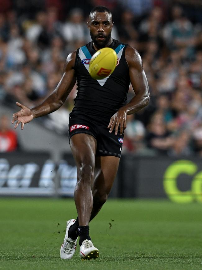 Esava Ratugolea made some crucial errors for the Power in the side’s loss to Melbourne. Picture: Mark Brake/Getty Images.