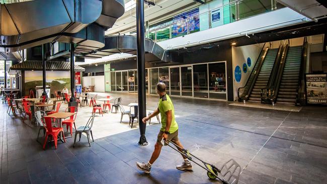 Empty shops and streets of Surfers Paradise on the Gold Coast. Picture: Nigel Hallett