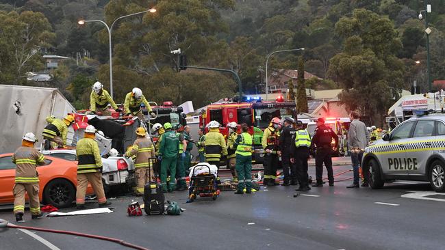 Emergency services at the scene of the truck smash. Picture: Keryn Stevens