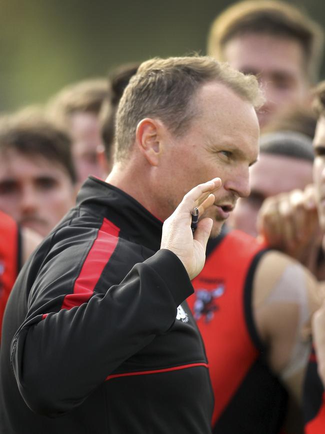 Tea Tree Gully coach Justin Maschotta addresses his charges. Picture: AAP/Dean Martin