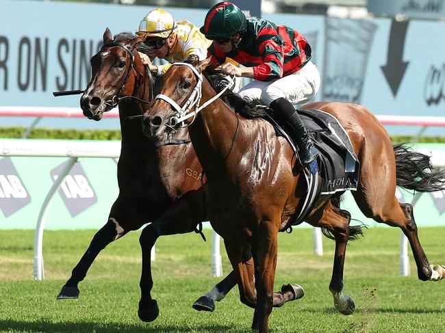 SYDNEY, AUSTRALIA - MARCH 01: James McDonald riding Lady Shenandoah win Race 7 The Chase Surround Stakes during Sydney Racing at Royal Randwick Racecourse on March 01, 2025 in Sydney, Australia. (Photo by Jeremy Ng/Getty Images)