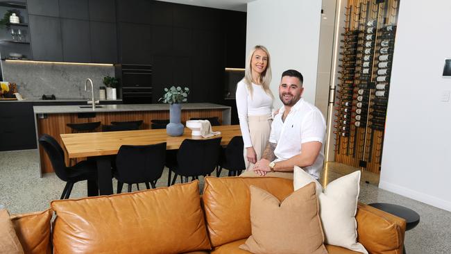 Samantha and Mitchell Pocklington packed a tonne of high end features into the home they created including a see through wine cellar and top of the range appliances. Picture: David Clark