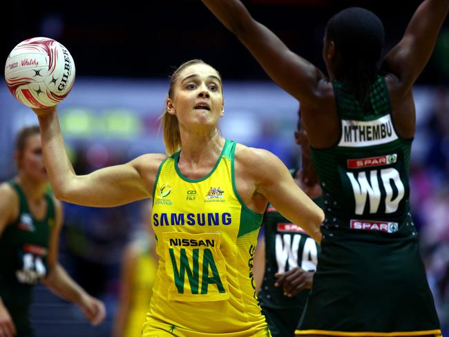 LONDON, ENGLAND - JANUARY 20: Paige Hadley of Australia in action during the Netball Quad Series Vitality Netball International match between South Africa and Australia at Copper Box Arena on January 20, 2018 in London, England. (Photo by Charlie Crowhurst/Getty Images)