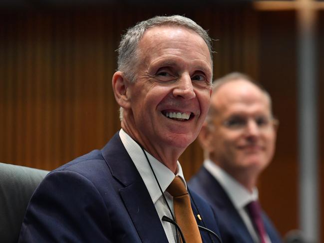 News Corp Australia Group Executive Campbell Reid (left) and News Corp Australia Executive Chairman Michael Miller (right) during the public hearing into media diversity. Picture: Getty Images