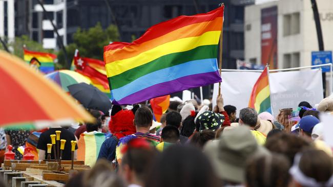 Thousands of people turned up in the Brisbane CBD to support the Brisbane Pride and YES campaign. Picture: NCA NewsWire/Tertius Pickard