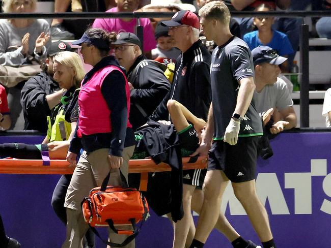 SYDNEY, AUSTRALIA - MARCH 23: Hannah Keane of Western United is stretchered off the field during the A-League Women round 21 match between Western Sydney Wanderers and Western United at Wanderers Football Park, on March 23, 2024, in Sydney, Australia. (Photo by Mark Kolbe/Getty Images)