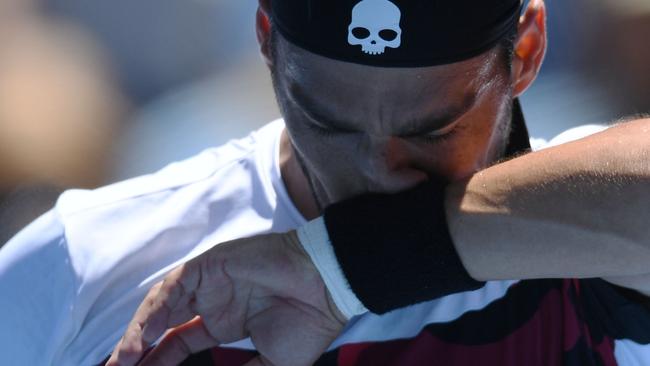 Fabio Fognini feels the strain against Tomas Berdych. Picture: AAP