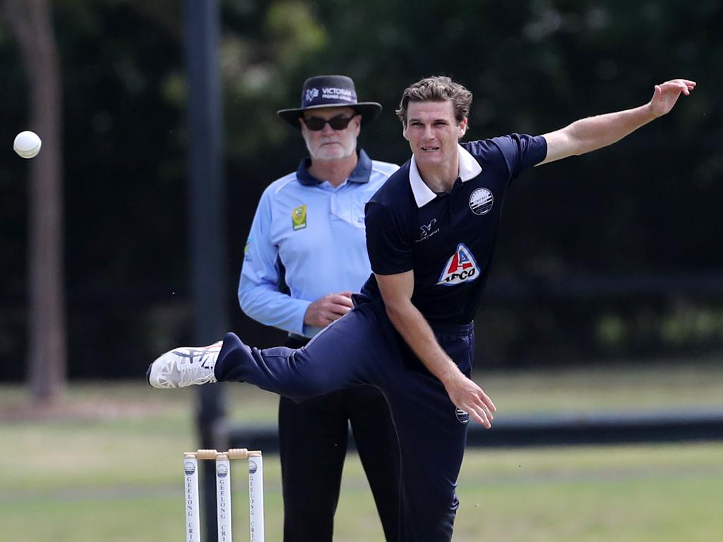 Tom O'Connell bowling for Geelong against Dandenong. Picture: Peter Ristevski