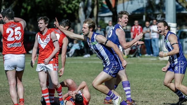 Josef Builder celebrates a goal for CBC Old Collegians in last season’s division five grand final. Picture: AAP/Morgan Sette