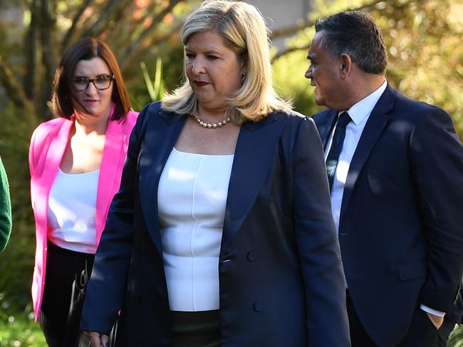 Education Minister Sarah Mitchell, Minister for Women Bronnie Taylor and John Barilaro. Picture: Joel Carrett/NCA NewsWire