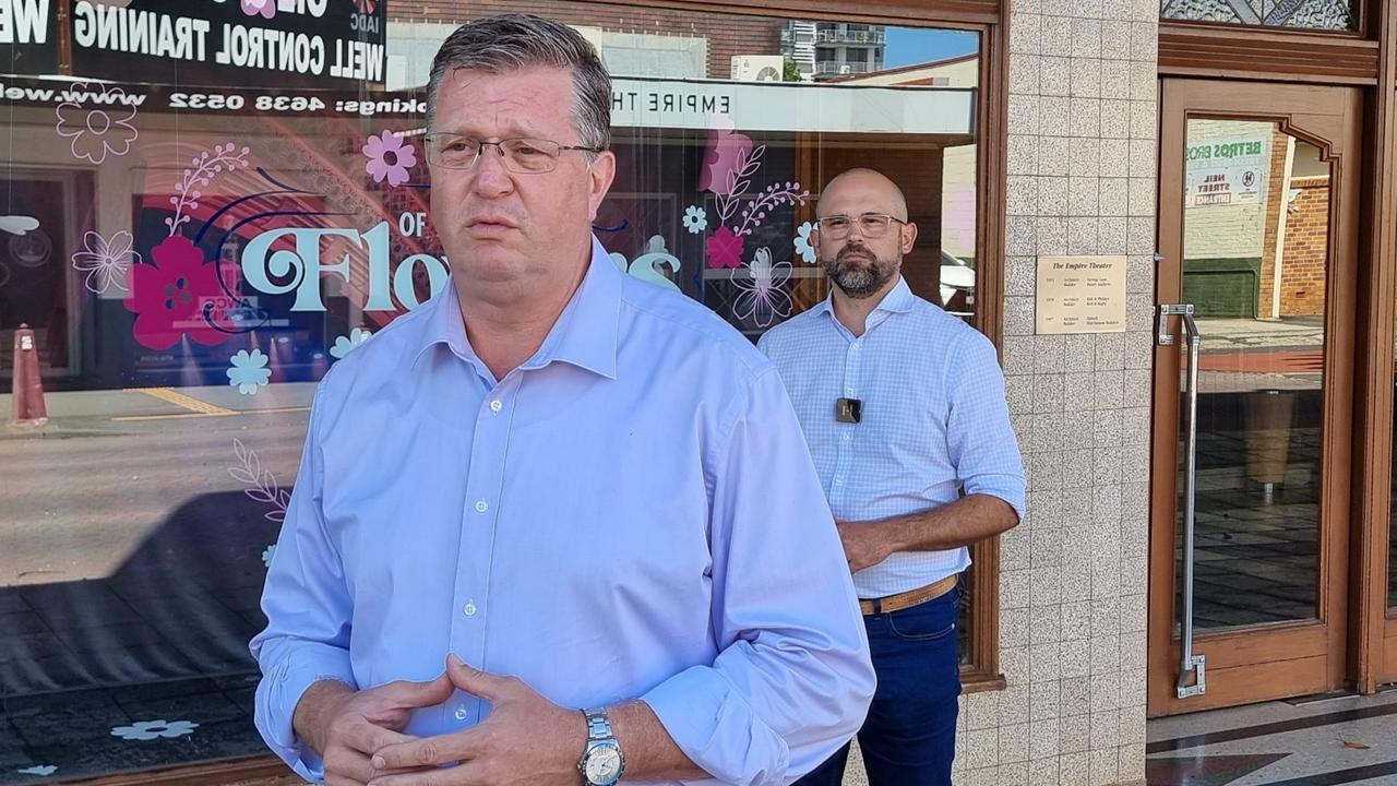 Toowoomba North MP Trevor Watts and Toowoomba South MP David Janetzki outside the Empire Theatre.