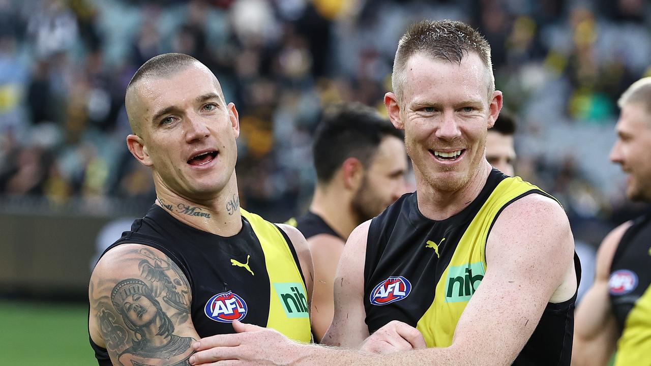 MELBOURNE. 07/05/2022.. AFL. Richmond vs Collingwood at the MCG. Dustin Martin and Jack Riewoldt after todays win over Collingwood . Photo by Michael Klein