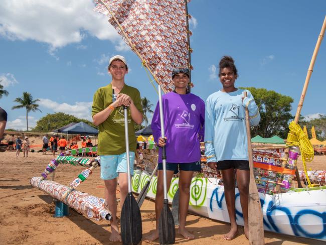 Dennis Greet, Jade Obajdina and Natalia Robertson at the Darwin Beer Can Regatta at Mindil Beach, 2024. Picture: Pema Tamang Pakhrin