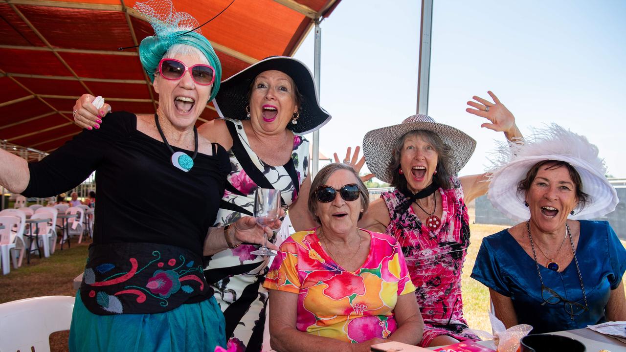 Debra Grace, Sally Bevis, Brenda Creasey, Brenda Maslen and Donna Neylon at the 2024 Darwin Cup Carnival Ladies Day. Picture: Pema Tamang Pakhrin