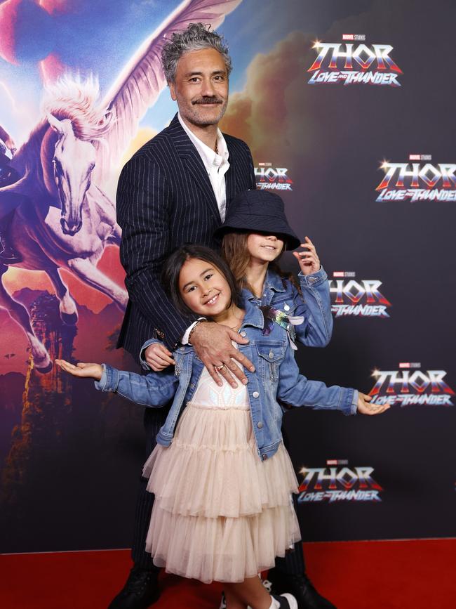 Director Taika Waititi with his children on the red carpet. Picture: Jonathan Ng