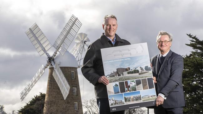 THN Hospitality Managing Director Ben Targett and Southern Midlands Council Deputy Mayor Edwin Batt with the Oatlands Boutique Hotel Proposal. Picture: Chris Kidd