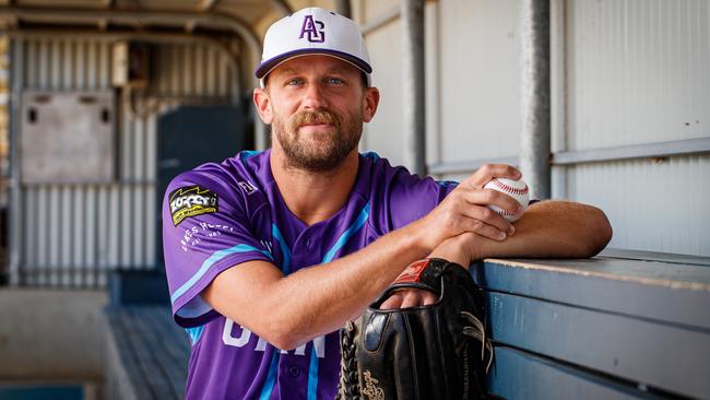 Adelaide Giants US pitcher Ryan Chaffee played a key role in the SA club’s semi-final victory over Canberra Cavalry. Picture: Matt Turner