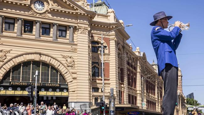 As part of RSL VictoriaÃs annual Remembrance Day activity at Flinders st station. The Last Post  being played by Richard Loo from  Stonnington City.Picture by Wayne Taylor 11th November 2024