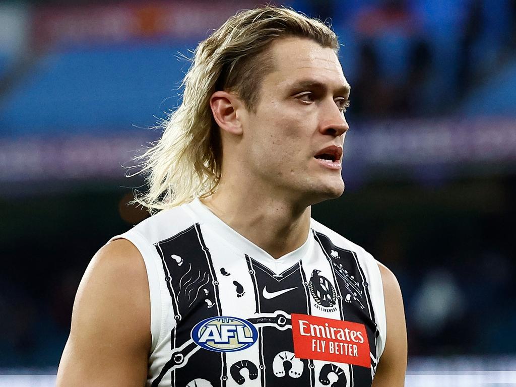 MELBOURNE, AUSTRALIA - JULY 05: Darcy Moore of the Magpies looks dejected after a loss during the 2024 AFL Round 17 match between the Collingwood Magpies and the Essendon Bombers at Melbourne Cricket Ground on July 05, 2024 in Melbourne, Australia. (Photo by Michael Willson/AFL Photos via Getty Images)