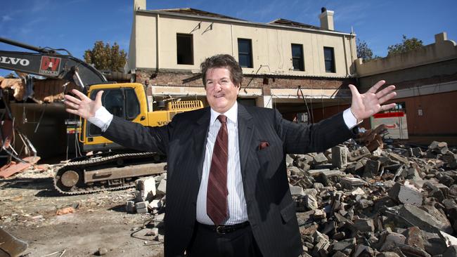 Con Makris celebrating what would turn out to be a false start at the notorious Le Cornu site on O’Connell St, North Adelaide, which he owned for many years. Picture: Matt Turner