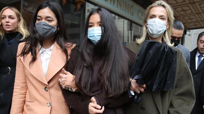 Nicola Teo (pictured centre), the daughter of brain surgeon Charlie Teo, has had all charges dropped at what was to be her first day at trial for crashing into the ex-president of the Comanchero in Sydney's northwest. Picture: David Swift