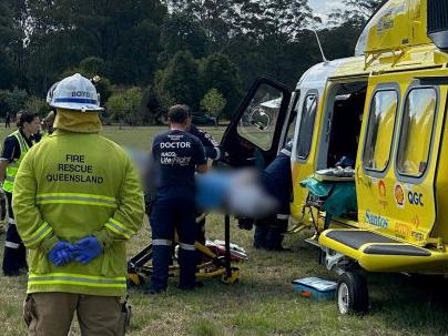 Two people have been flown to hospital – one fighting for their life – following a horrific highway crash near Toowoomba. Picture: RACQ LifeFlight