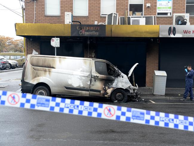 The van was torched outside Glenroy Cigarettes last month. Picture: Andrew Henshaw