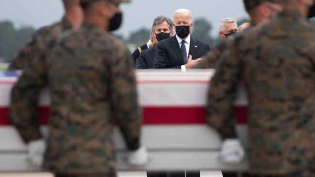 Joe Biden at the transfer of the remains of the fallen service members at Dover Air Force Base in Delaware, on Sunday, Picture: AFP